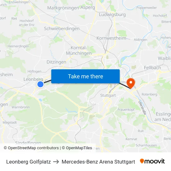 Leonberg Golfplatz to Mercedes-Benz Arena Stuttgart map