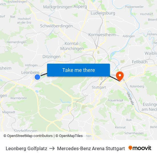 Leonberg Golfplatz to Mercedes-Benz Arena Stuttgart map