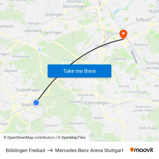 Böblingen Freibad to Mercedes-Benz Arena Stuttgart map