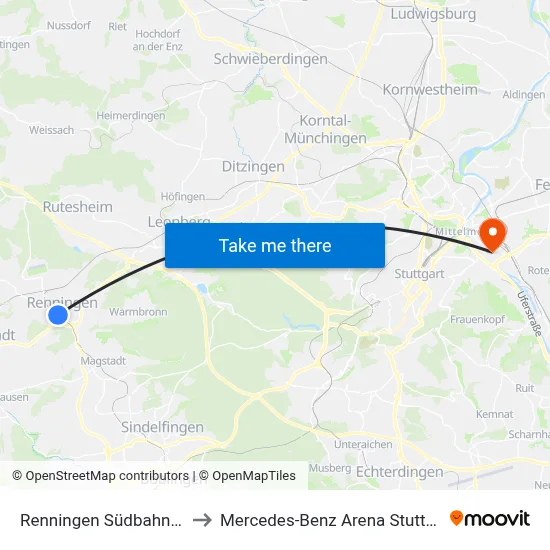 Renningen Südbahnhof to Mercedes-Benz Arena Stuttgart map