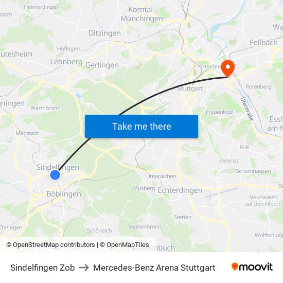 Sindelfingen Zob to Mercedes-Benz Arena Stuttgart map