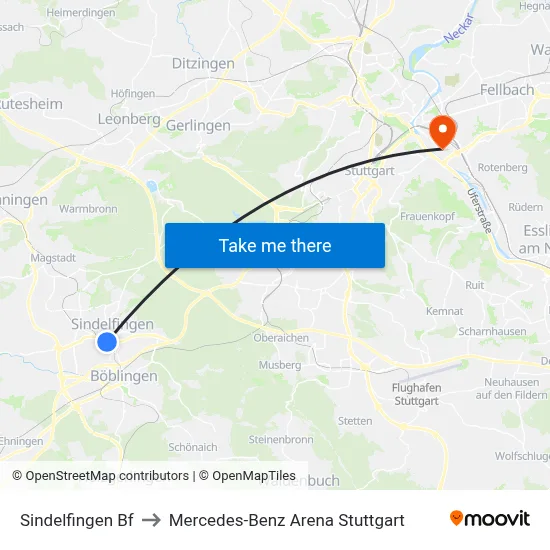 Sindelfingen Bf to Mercedes-Benz Arena Stuttgart map
