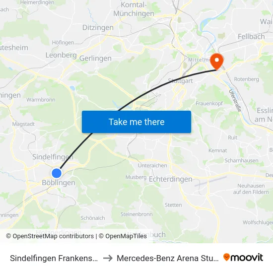 Sindelfingen Frankenstraße to Mercedes-Benz Arena Stuttgart map