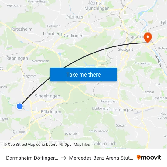 Darmsheim Döffinger Str. to Mercedes-Benz Arena Stuttgart map