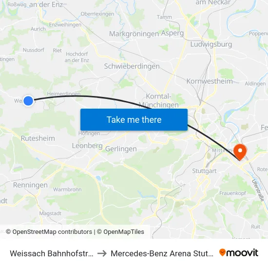 Weissach Bahnhofstraße to Mercedes-Benz Arena Stuttgart map