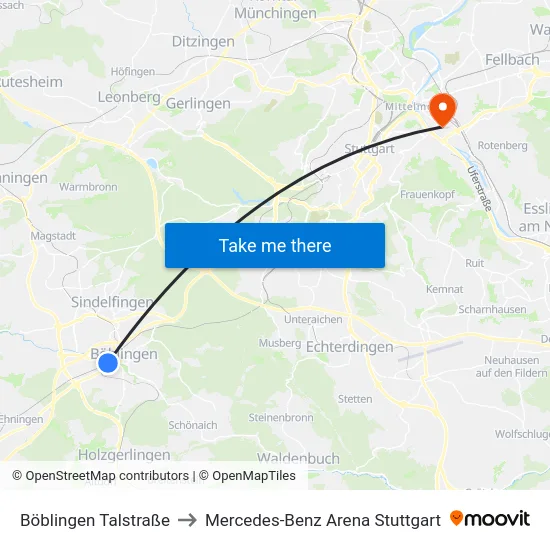 Böblingen Talstraße to Mercedes-Benz Arena Stuttgart map