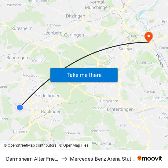 Darmsheim Alter Friedhof to Mercedes-Benz Arena Stuttgart map