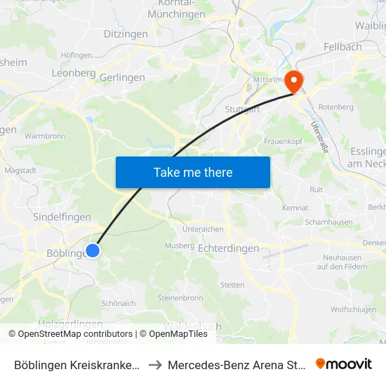 Böblingen Kreiskrankenhaus to Mercedes-Benz Arena Stuttgart map