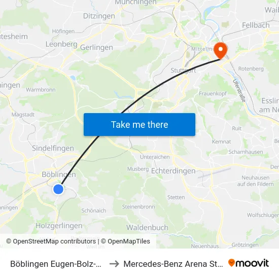 Böblingen Eugen-Bolz-Str. Ost to Mercedes-Benz Arena Stuttgart map