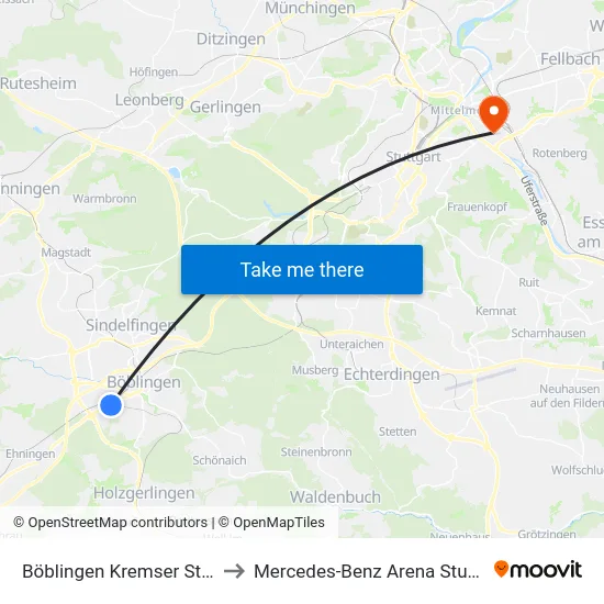 Böblingen Kremser Straße to Mercedes-Benz Arena Stuttgart map