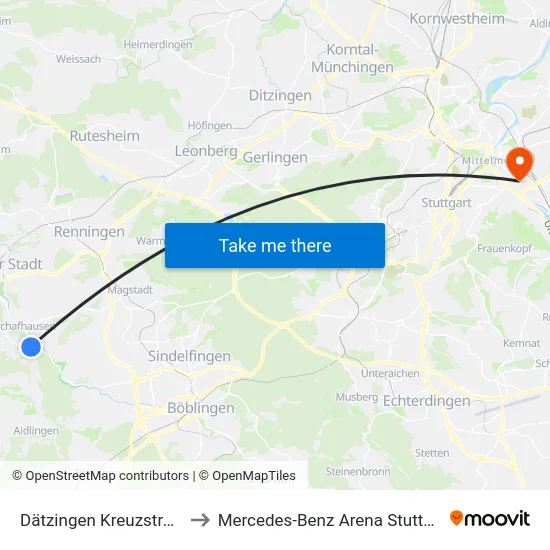 Dätzingen Kreuzstraße to Mercedes-Benz Arena Stuttgart map
