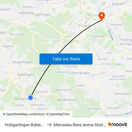 Holzgerlingen Bühlenstr. to Mercedes-Benz Arena Stuttgart map