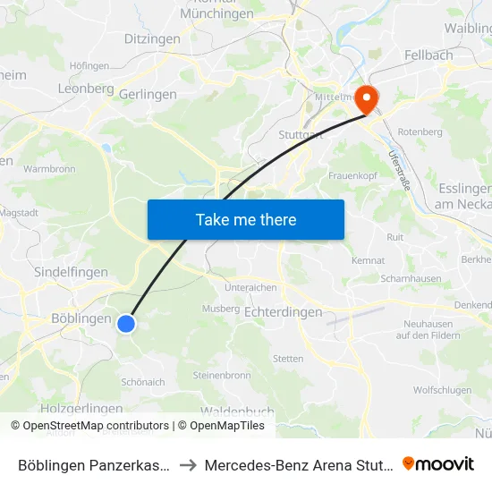 Böblingen Panzerkaserne to Mercedes-Benz Arena Stuttgart map