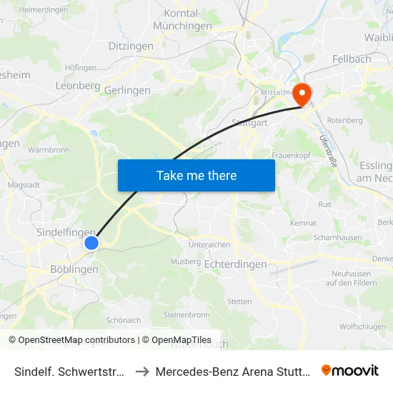 Sindelf. Schwertstraße to Mercedes-Benz Arena Stuttgart map