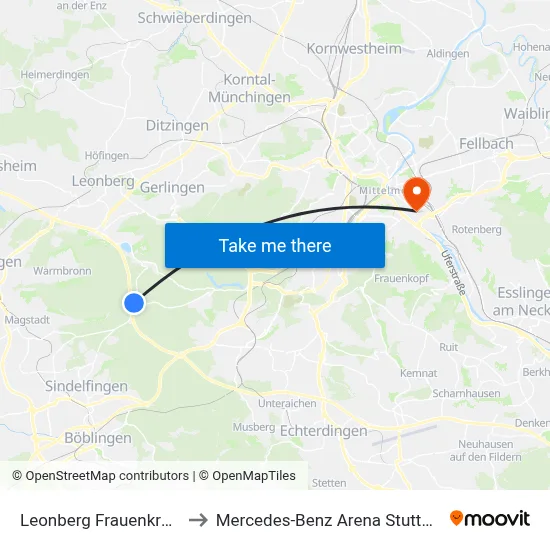 Leonberg Frauenkreuz to Mercedes-Benz Arena Stuttgart map