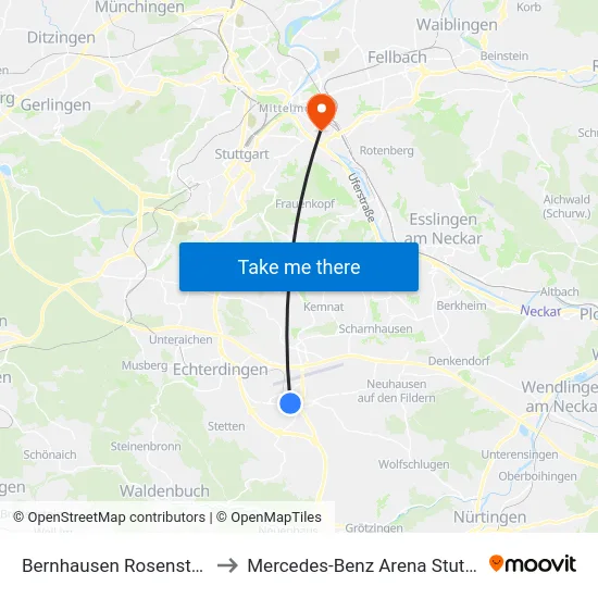 Bernhausen Rosenstraße to Mercedes-Benz Arena Stuttgart map