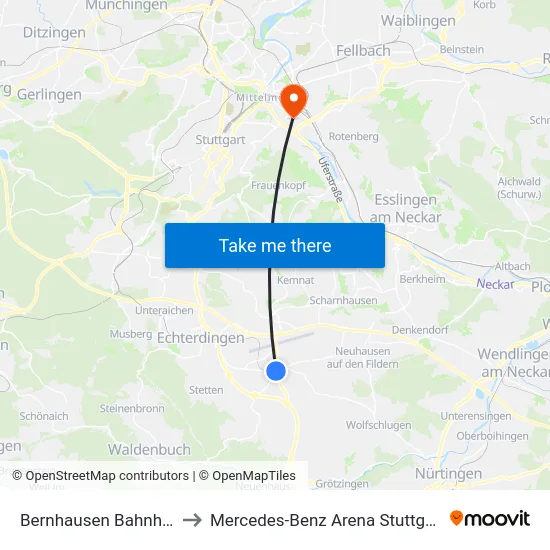 Bernhausen Bahnhof to Mercedes-Benz Arena Stuttgart map