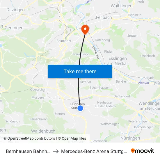 Bernhausen Bahnhof to Mercedes-Benz Arena Stuttgart map