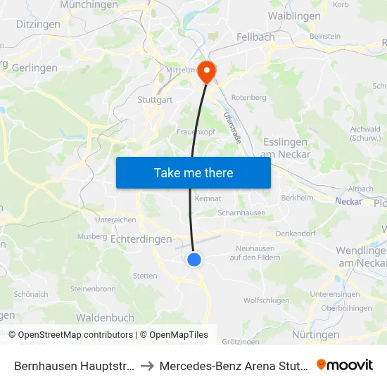 Bernhausen Hauptstraße to Mercedes-Benz Arena Stuttgart map