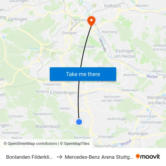 Bonlanden Filderklinik to Mercedes-Benz Arena Stuttgart map