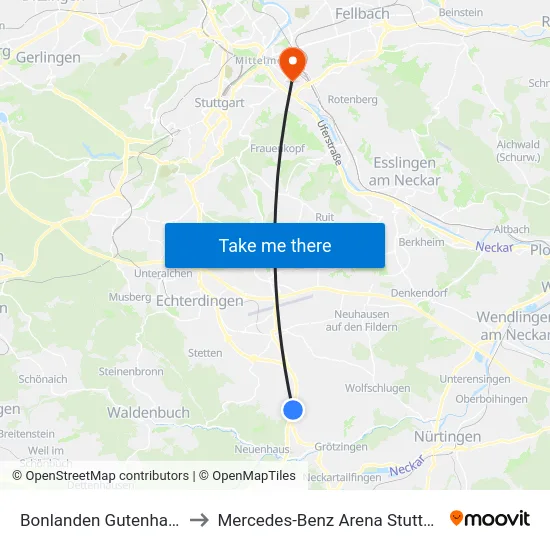 Bonlanden Gutenhalde to Mercedes-Benz Arena Stuttgart map