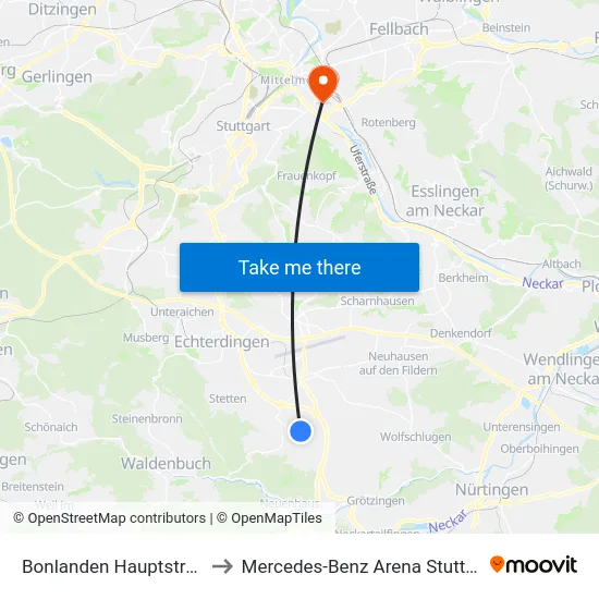 Bonlanden Hauptstraße to Mercedes-Benz Arena Stuttgart map
