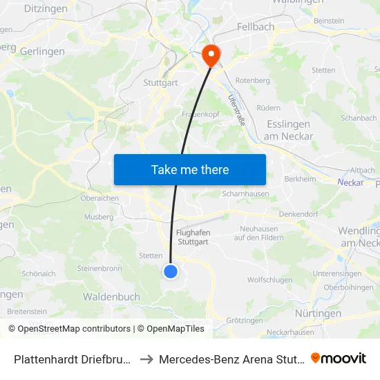 Plattenhardt Driefbrunnen to Mercedes-Benz Arena Stuttgart map