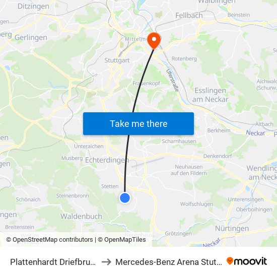 Plattenhardt Driefbrunnen to Mercedes-Benz Arena Stuttgart map