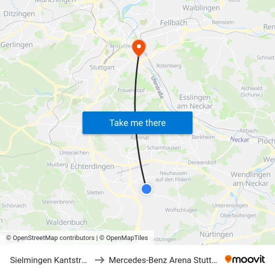 Sielmingen Kantstraße to Mercedes-Benz Arena Stuttgart map