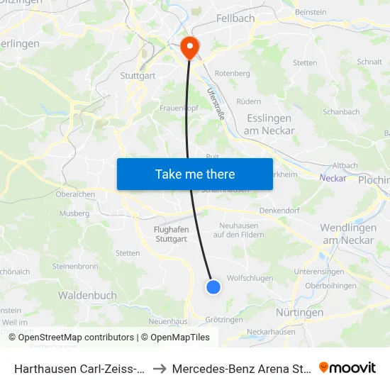 Harthausen Carl-Zeiss-Straße to Mercedes-Benz Arena Stuttgart map