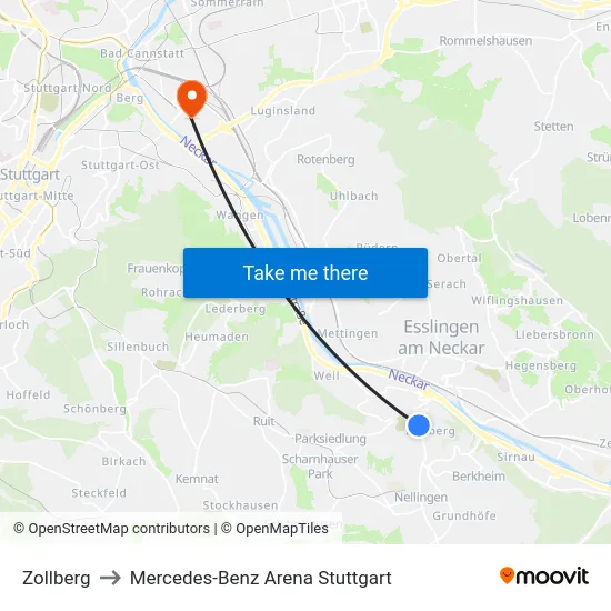 Zollberg to Mercedes-Benz Arena Stuttgart map