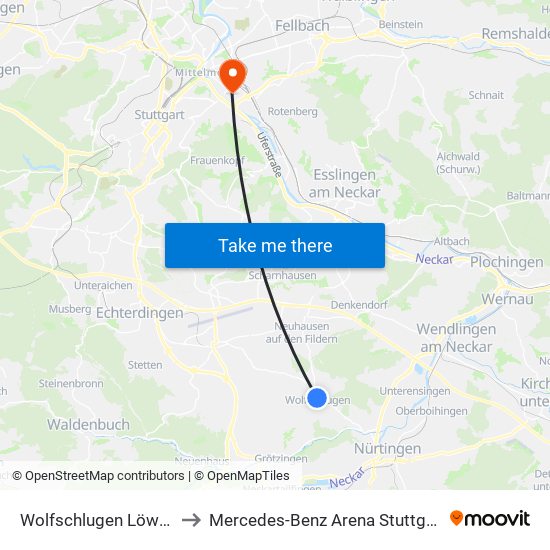 Wolfschlugen Löwen to Mercedes-Benz Arena Stuttgart map