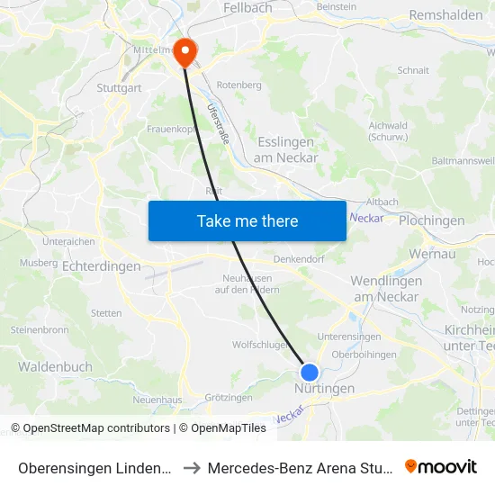 Oberensingen Lindenplatz to Mercedes-Benz Arena Stuttgart map