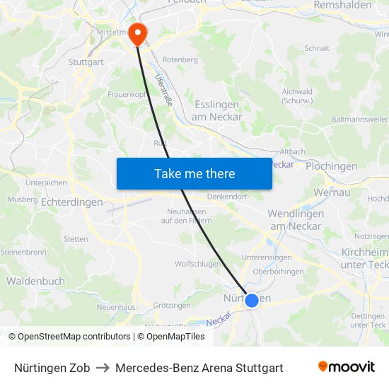 Nürtingen Zob to Mercedes-Benz Arena Stuttgart map