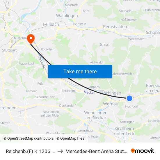 Reichenb.(F) K 1206 (Bf) to Mercedes-Benz Arena Stuttgart map