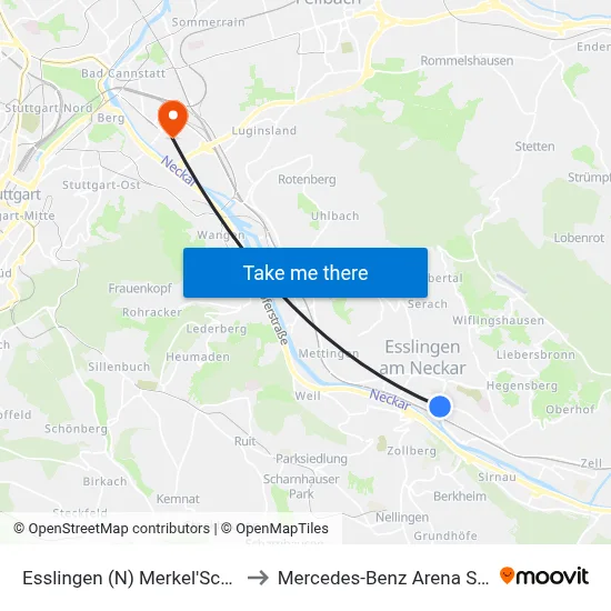 Esslingen (N) Merkel'Sches Bad to Mercedes-Benz Arena Stuttgart map