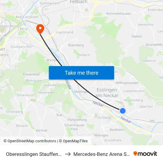 Oberesslingen Stauffenbergstr. to Mercedes-Benz Arena Stuttgart map