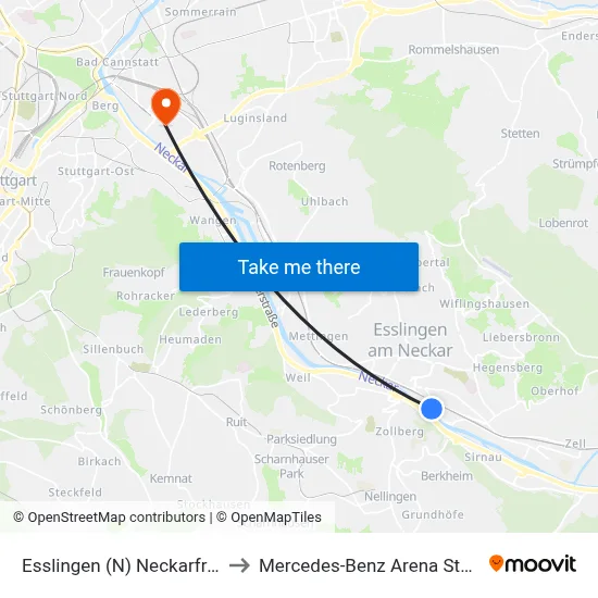 Esslingen (N) Neckarfreibad to Mercedes-Benz Arena Stuttgart map