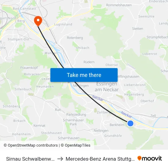 Sirnau Schwalbenweg to Mercedes-Benz Arena Stuttgart map