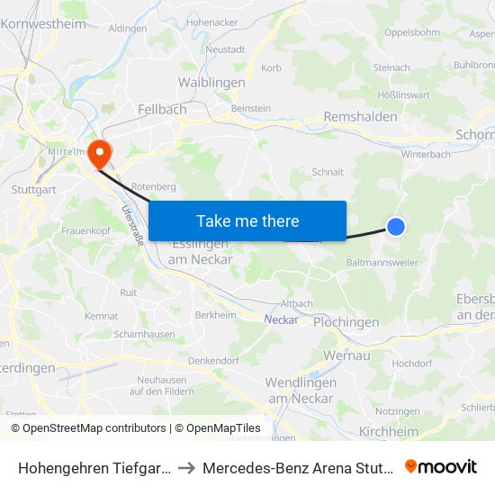 Hohengehren Tiefgarage to Mercedes-Benz Arena Stuttgart map