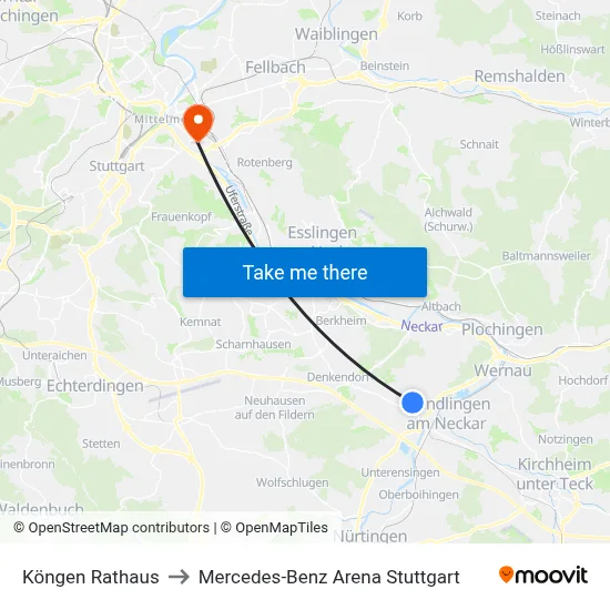 Köngen Rathaus to Mercedes-Benz Arena Stuttgart map