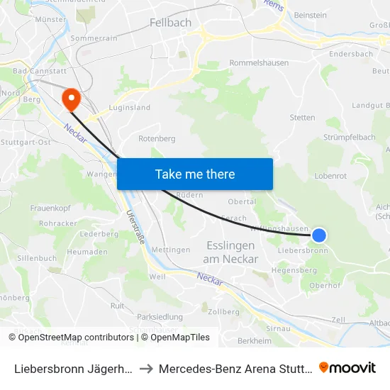 Liebersbronn Jägerhaus to Mercedes-Benz Arena Stuttgart map