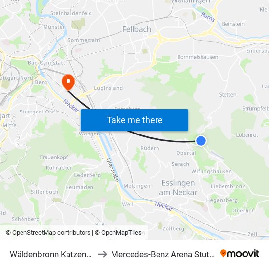 Wäldenbronn Katzenkopf to Mercedes-Benz Arena Stuttgart map
