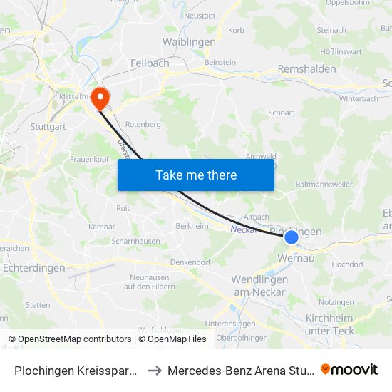 Plochingen Kreissparkasse to Mercedes-Benz Arena Stuttgart map