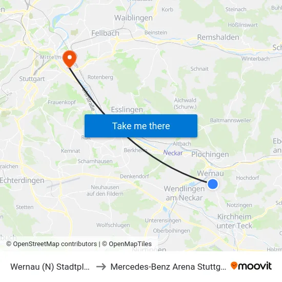 Wernau (N) Stadtplatz to Mercedes-Benz Arena Stuttgart map