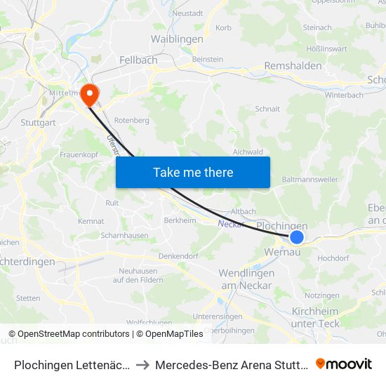 Plochingen Lettenäcker to Mercedes-Benz Arena Stuttgart map