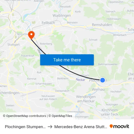 Plochingen Stumpenhof to Mercedes-Benz Arena Stuttgart map
