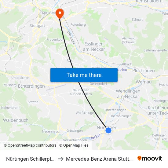 Nürtingen Schillerplatz to Mercedes-Benz Arena Stuttgart map