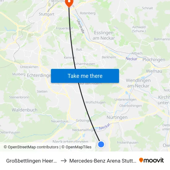 Großbettlingen Heerweg to Mercedes-Benz Arena Stuttgart map