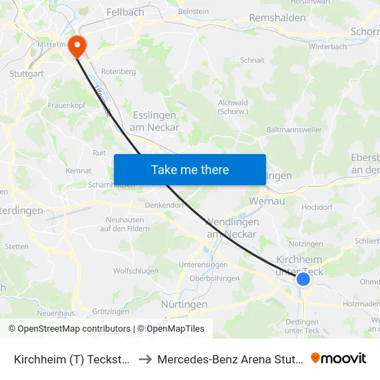 Kirchheim (T) Teckstraße to Mercedes-Benz Arena Stuttgart map